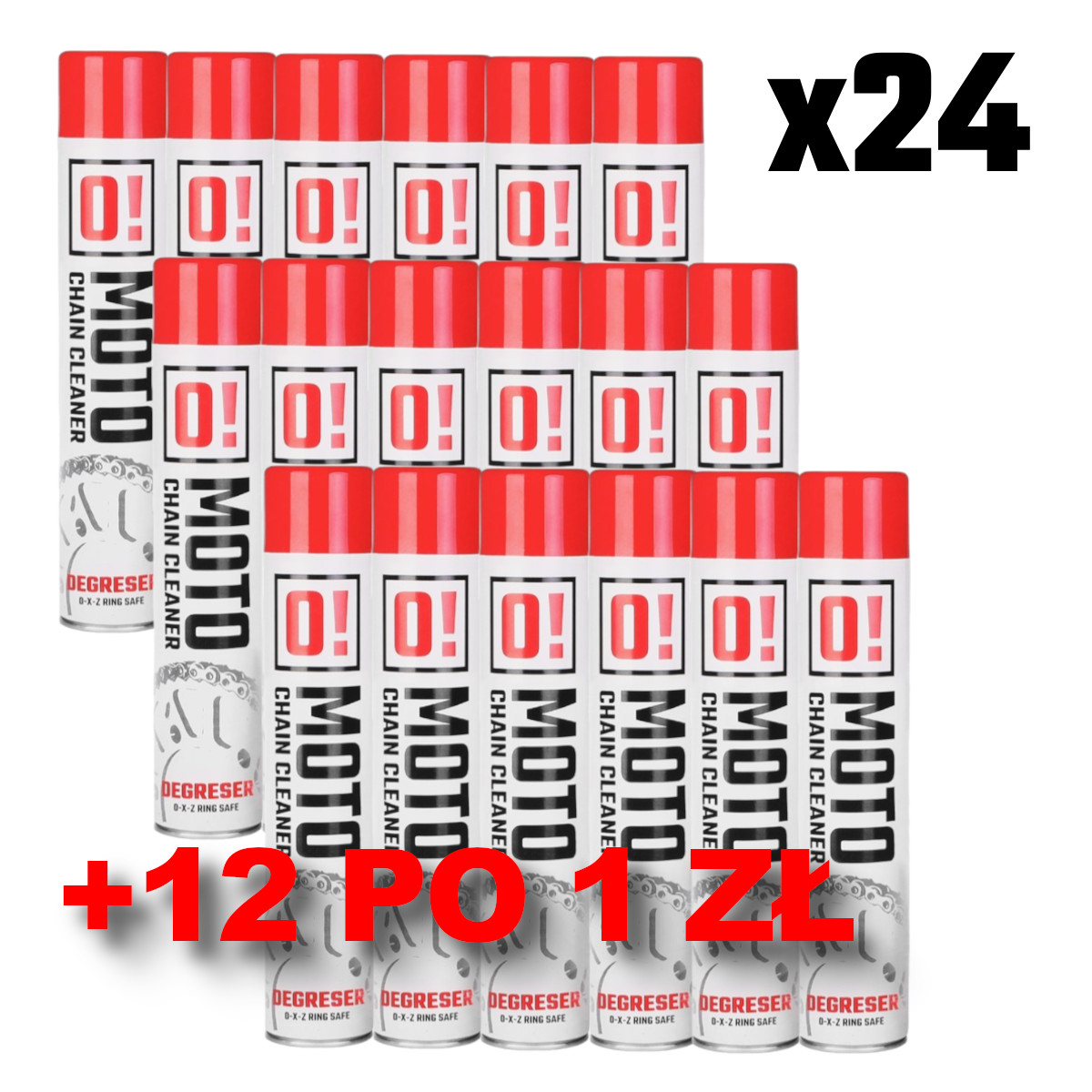 OMOTO sada 36 kus mycí sprej řetězu 750ML O! CHAIN CLEANER + 12 kus PO 1 ZŁ mycí sprej řetězu 750ML - KARTON 12 kus ZA 12 ZŁ